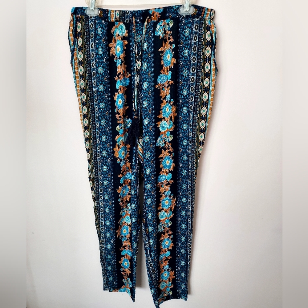 B.O.G. Collective Blue Floral Boho Viscose Palazzo Pant Comfy Relaxed Fit Travel